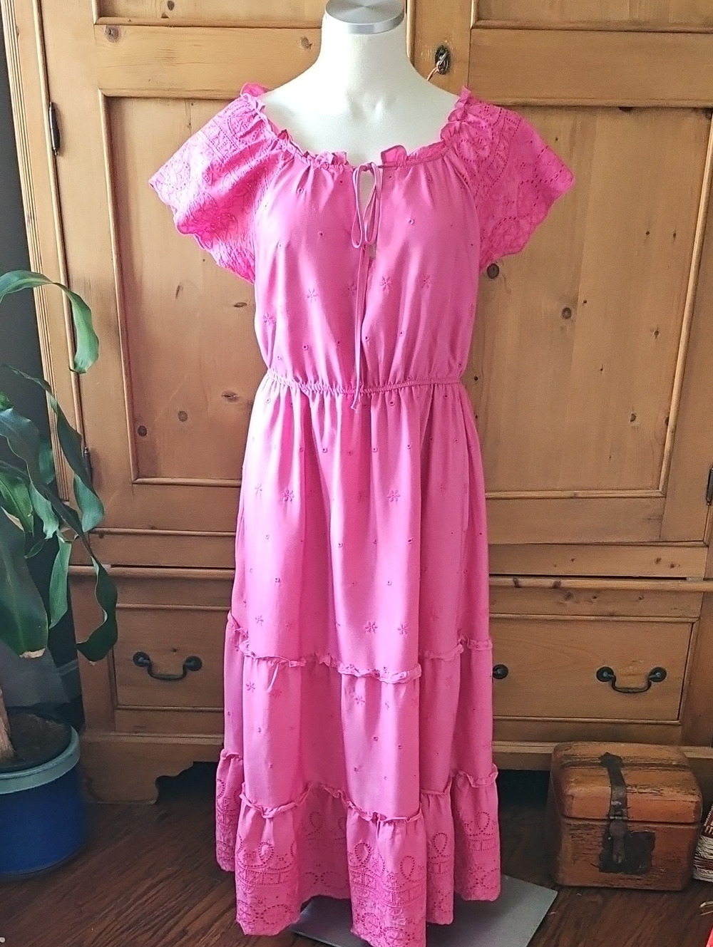 By The River Barbie Pink Eyelet Maxi Dress Size M